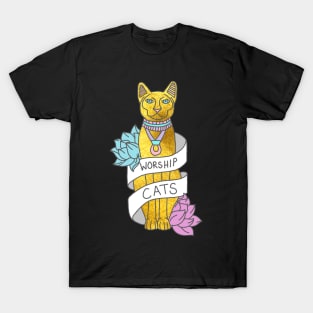 Worship Cats Kitten Sphynx Egyptian Typography Gold Meme Print T-Shirt